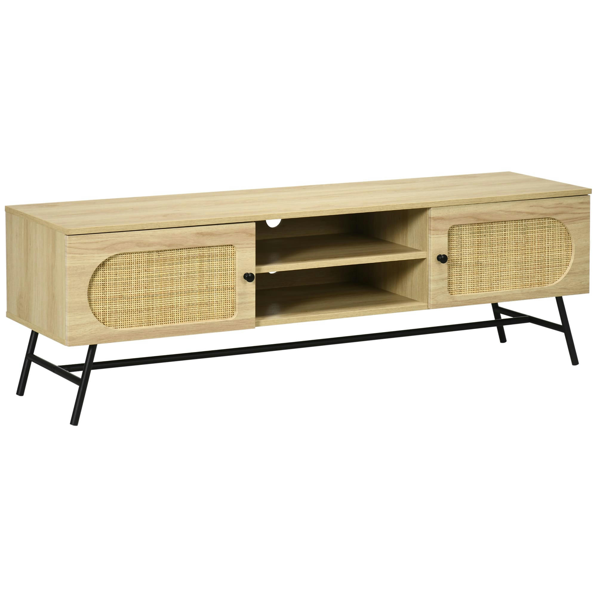 - Meuble TV banc TV 2 portes cannage rotin métal noir aspect chêne clair