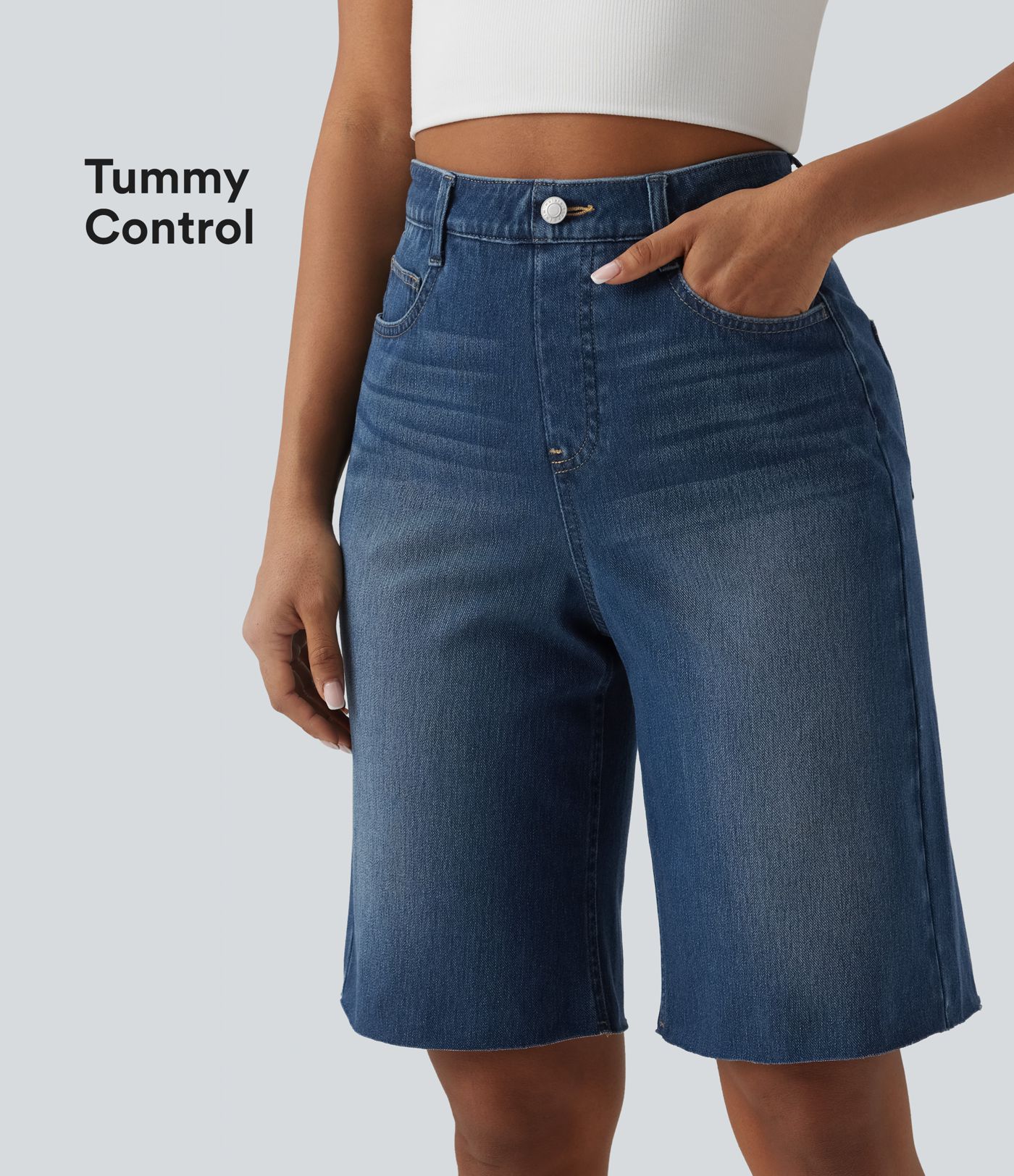 Halara Flex™ Bermuda en denim taille haute ventre plat avec poches
