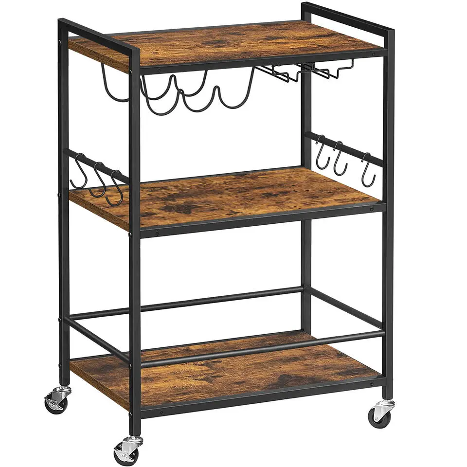 Keukentrolley op Wieltjes - Serveerwagen - Bijzettafel - 3 planken - Bruin