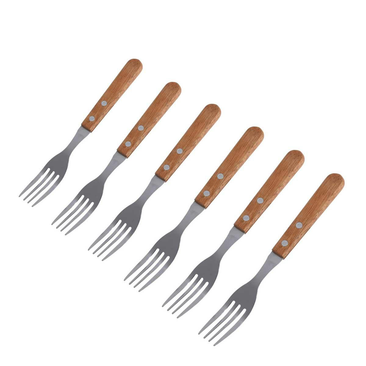 Zestaw widelców do steków 6 szt stal nierdzewna drewniana rączka grill