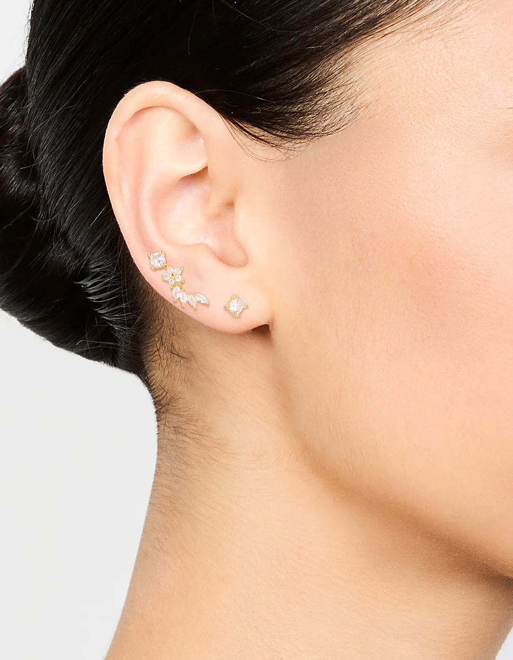 Gold Plated Cubic Zirconia Floral Crawler Stud Earrings 2-Pack