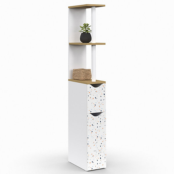 Meuble WC étagère WILLY 2 portes motif terrazzo et hêtre