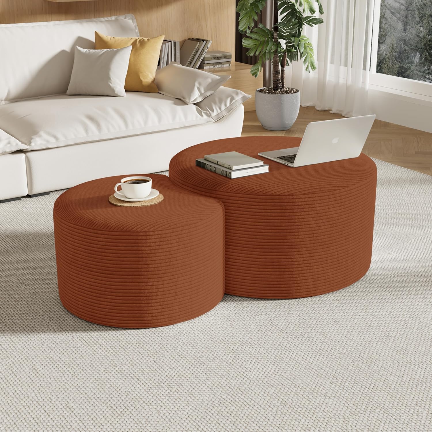 Round Nesting Coffee Table Set of 2,Upholstered Foam Ottoman Footrest Side Table Set,Modern Flannel Circle Coffee Table No Assembly for Living Room Entryway Bedroom,Orange