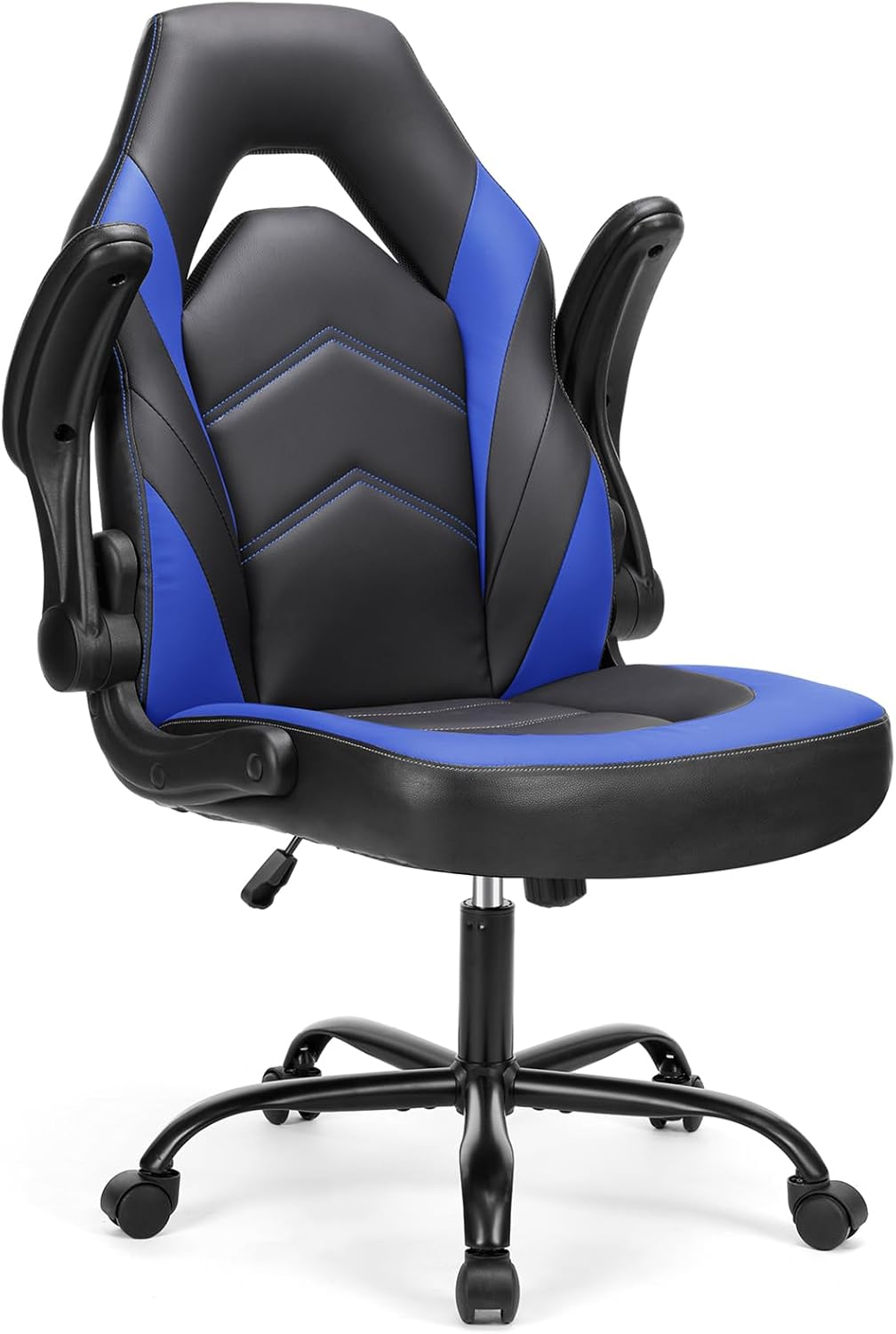 Sweetcrispy Computer Video Game Chair - Ergonomic Home Office with Comfy Lumbar Support, PU Leather Height Adjustable with Flip-up Armrest and 360° Swivel Wheels, Blue, for Adults, Teens