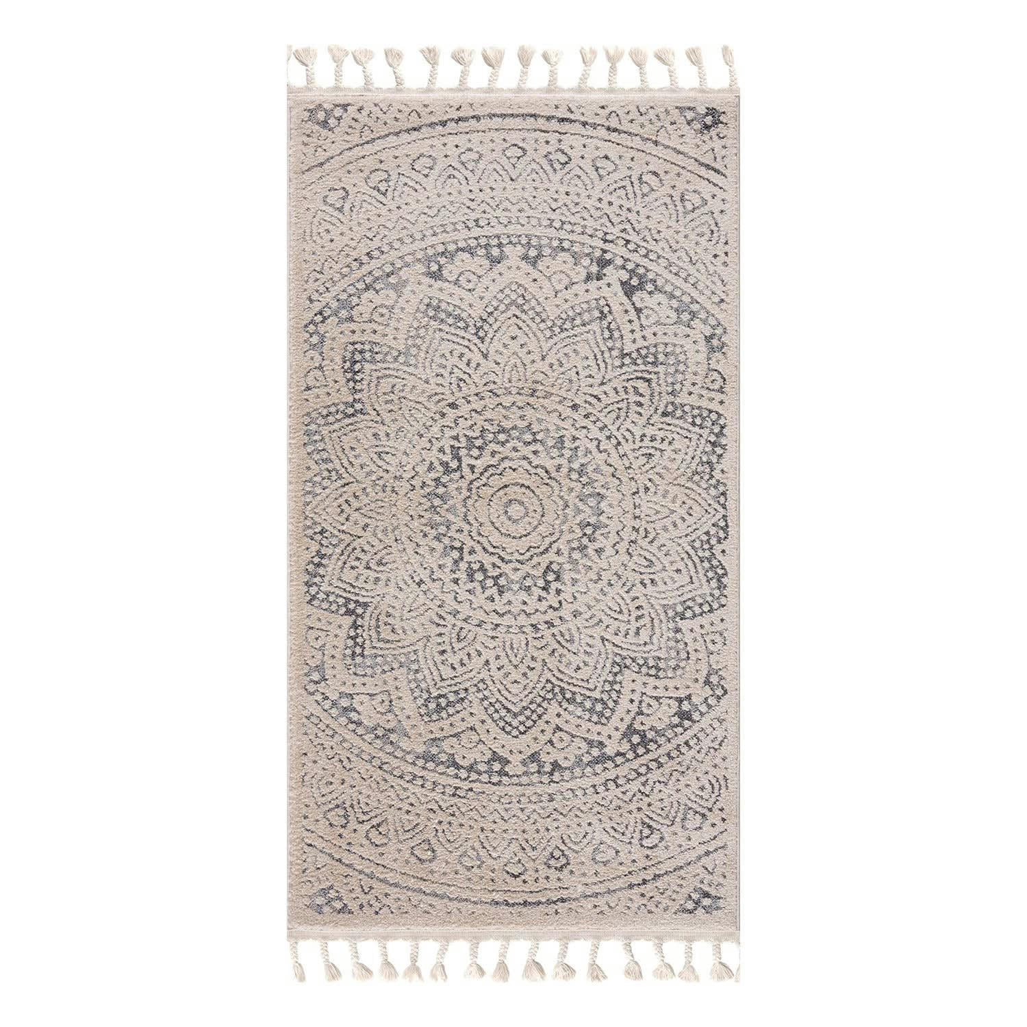 FLÄT - Tapis scandinave à franges tressées crème et gris 80x300cm