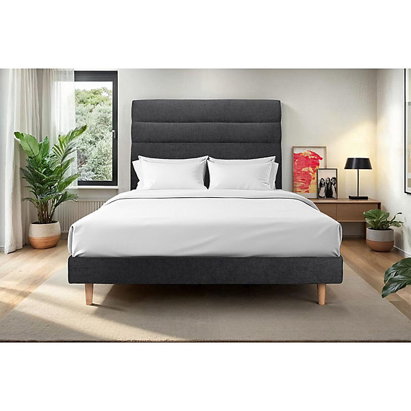 Lit avec tête de lit lignes tissu et sommier kit- Lit en bois massif