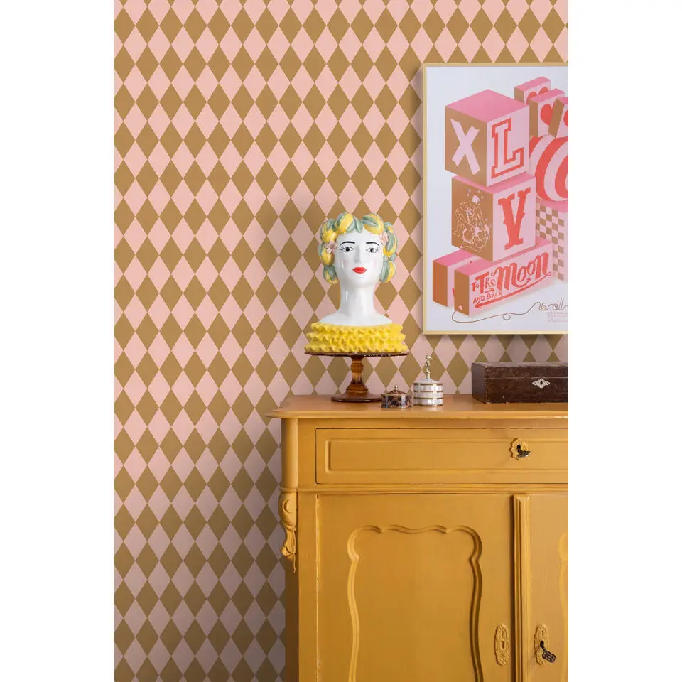 ESTAhome behang ruiten bruin en roze - 50 x 900 cm