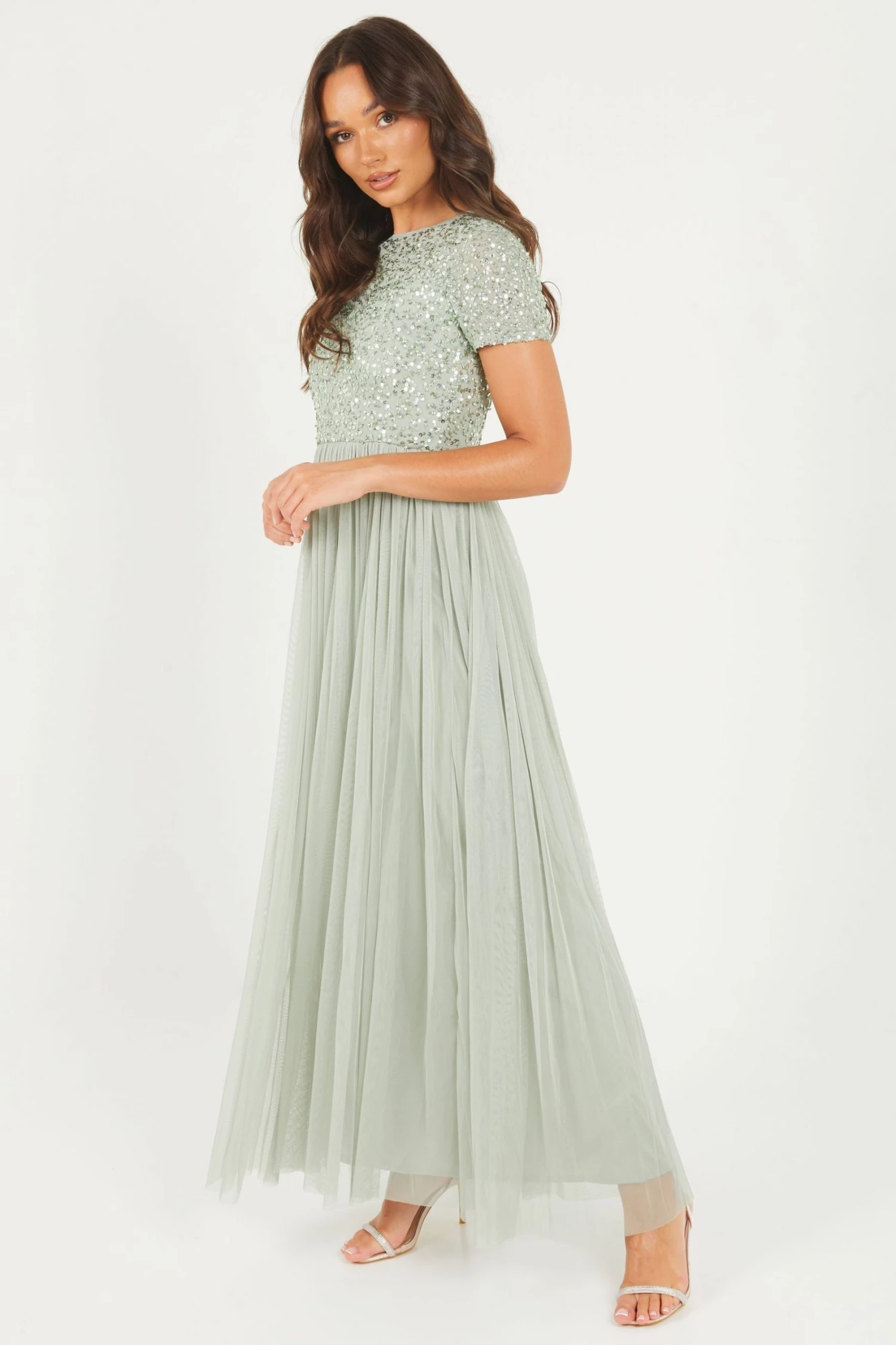 Quiz Sage Green Embellished Maxi Dress