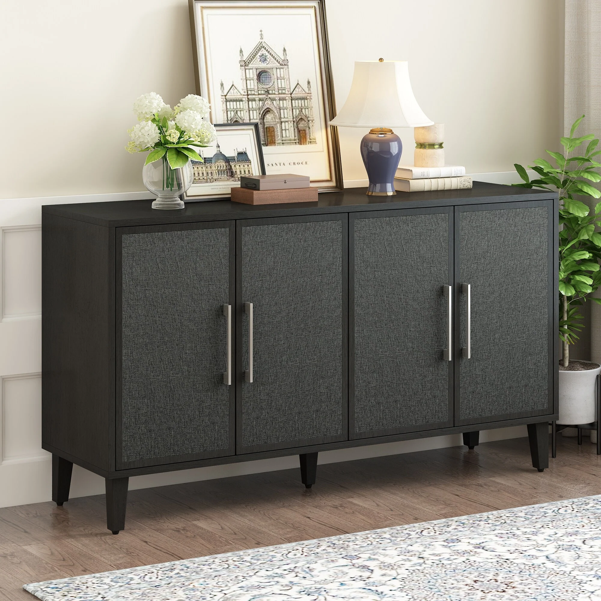 Modern Storage Cabinet with Four Linen Doors and Two Adjustable Shelves for Living Room, Study Room, Entrance