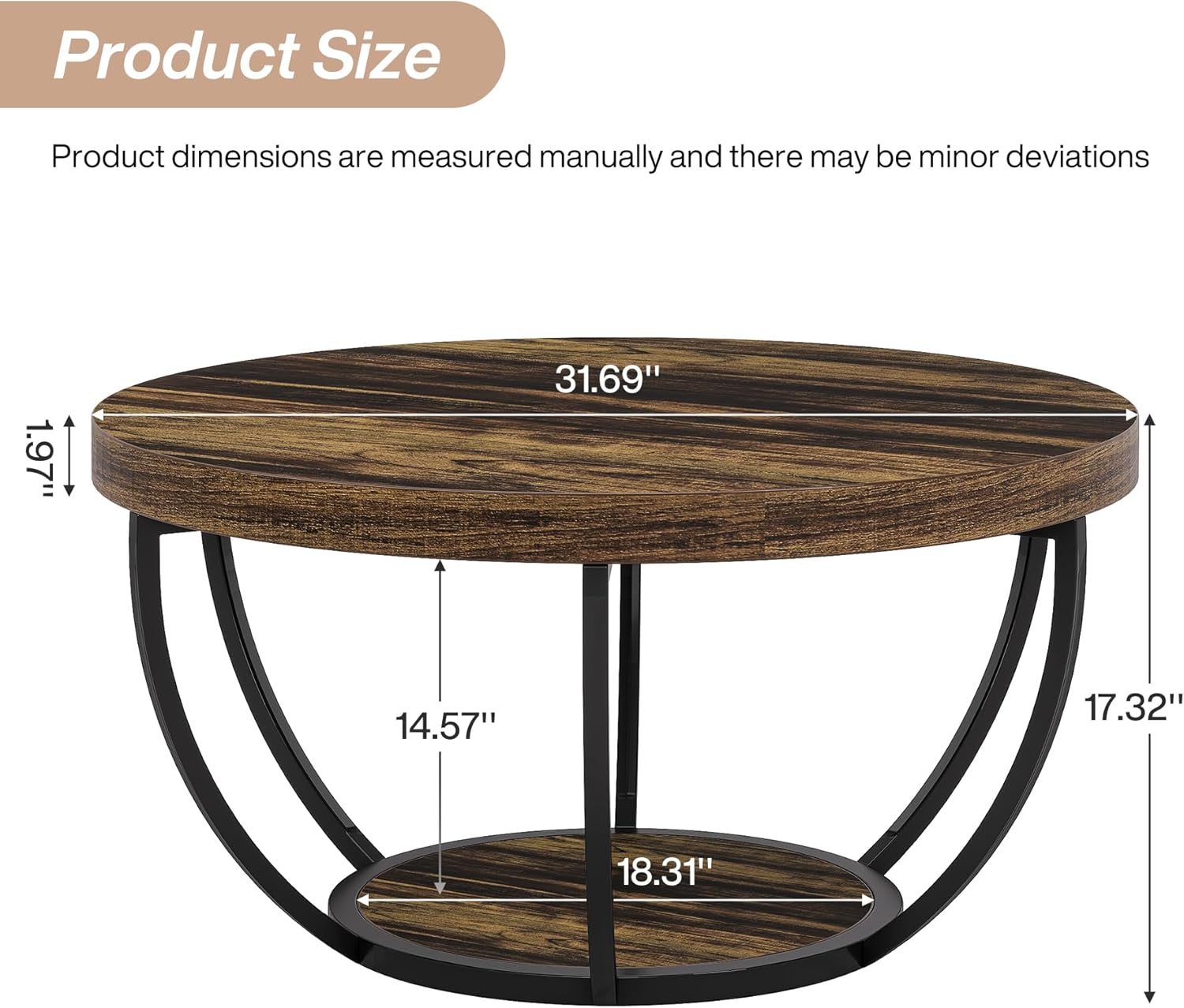 Tribesigns Round Coffee Table, 31.7 Wooden 2-Tier Circle Coffee Table with Storage Shelves, Modern Accent Cocktail Table Center Table for Living Room, Rustic Brown