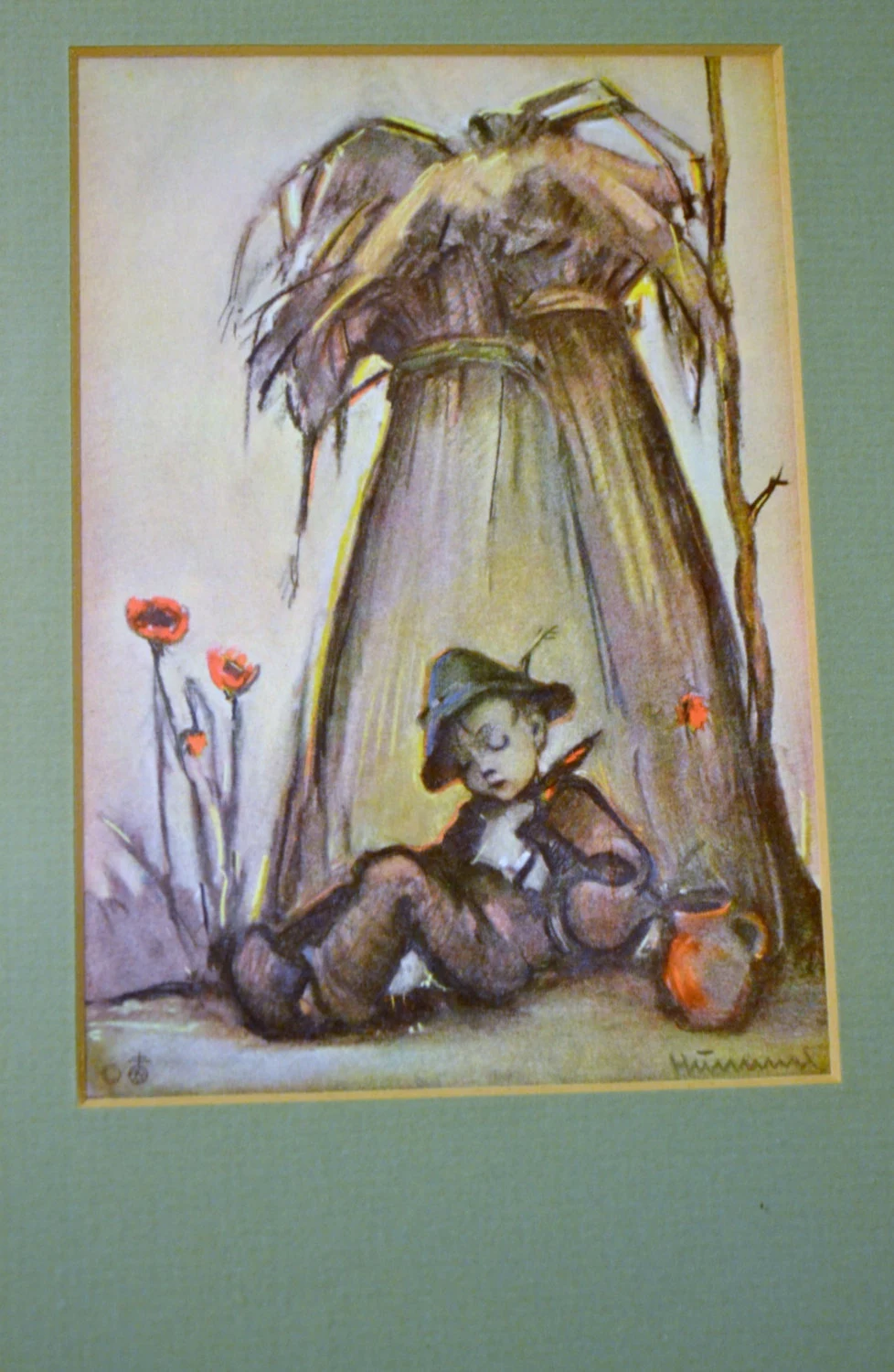 Hummel Print: Boy Sleeping by Corn Stalk, Framed Vintage Art