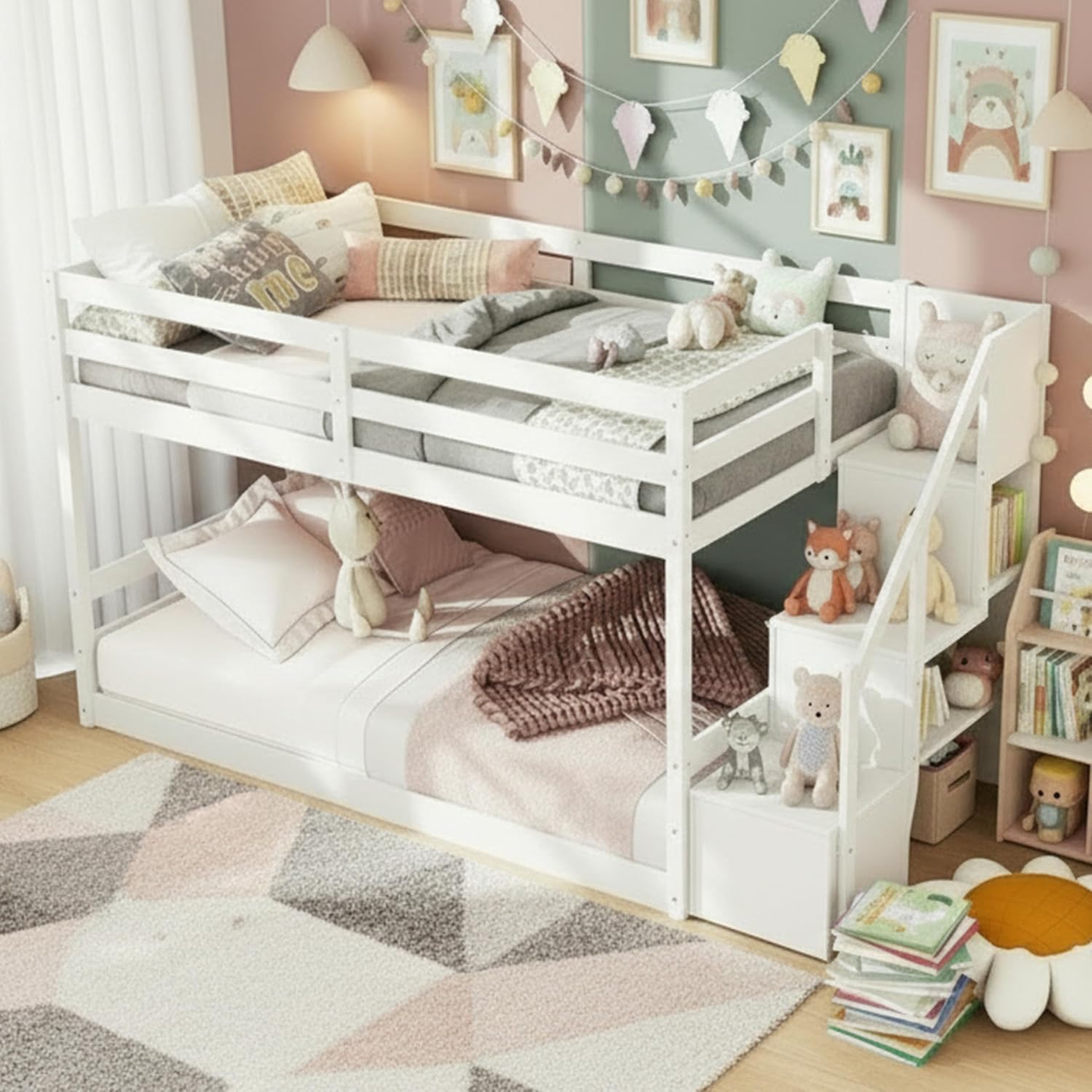 KOMFOTT Wood Twin Over Twin Low Bunk Bed with Storage Staircase, Wooden Bunk Bed Frame with Full-Length Guardrails, Low Profile Kids Bed with Slats Support, No Box Spring Needed (White)