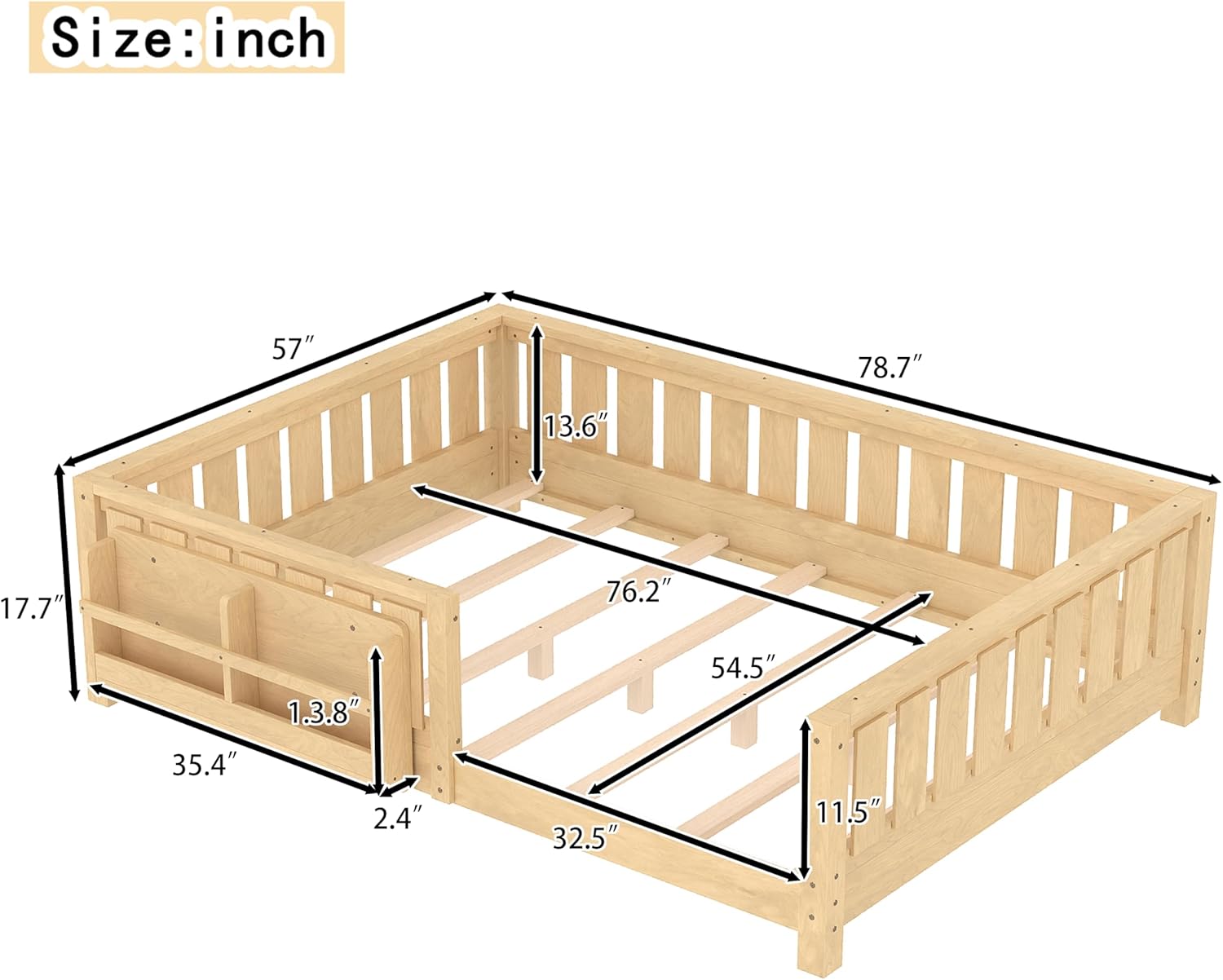 Bellemave Light Natural Montessori Floor Bed with Fence and Slats, Full Size Montessori Floor Bed with Bookcase and High Rails, Easy Assemble Bed Frame for Girls, Boys, Full