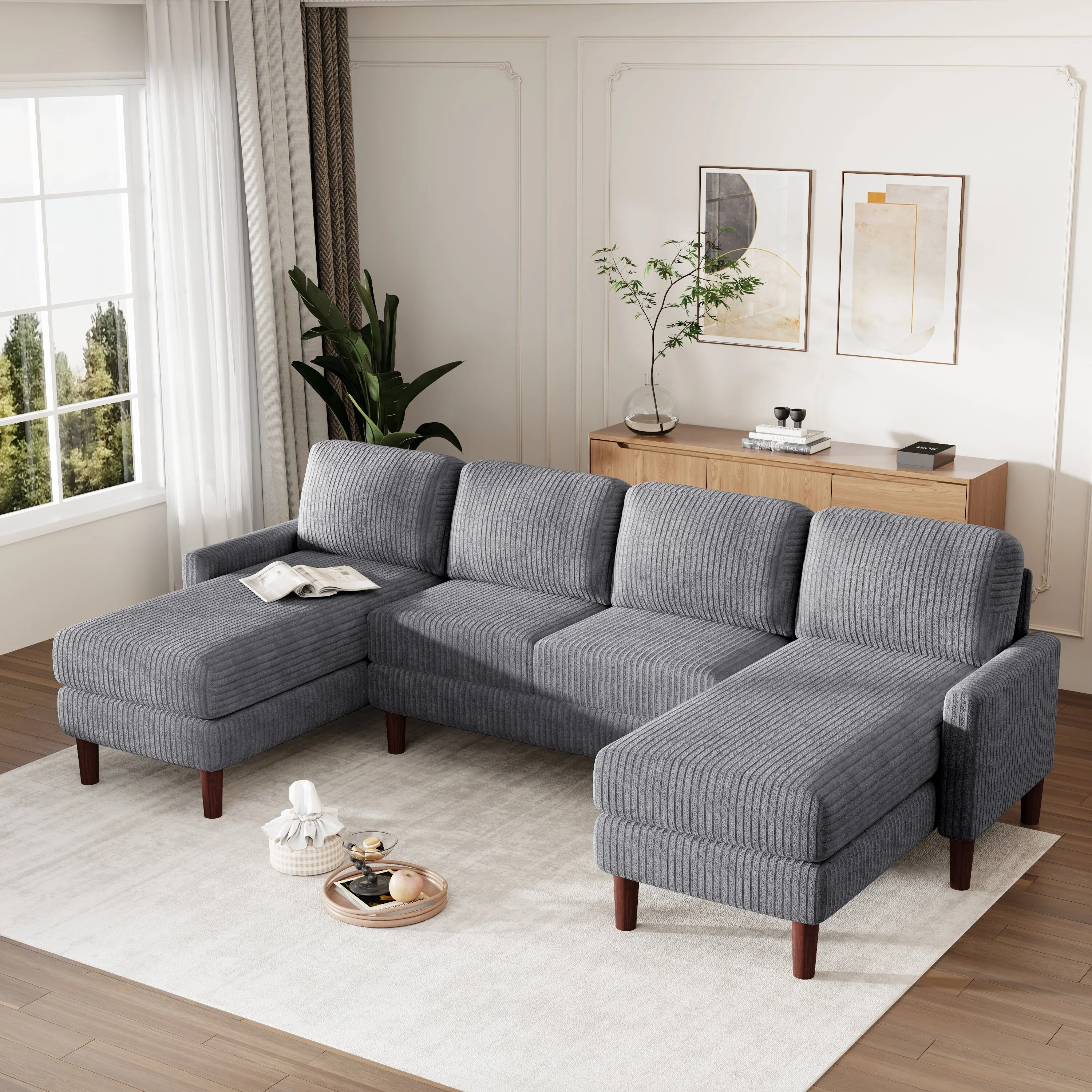 Sectional Couches for Living Room, Corduroy U Shaped Couch 4 Seat Modern Sofa with Sponge-Filled Cushion & Rubber Wood Leg