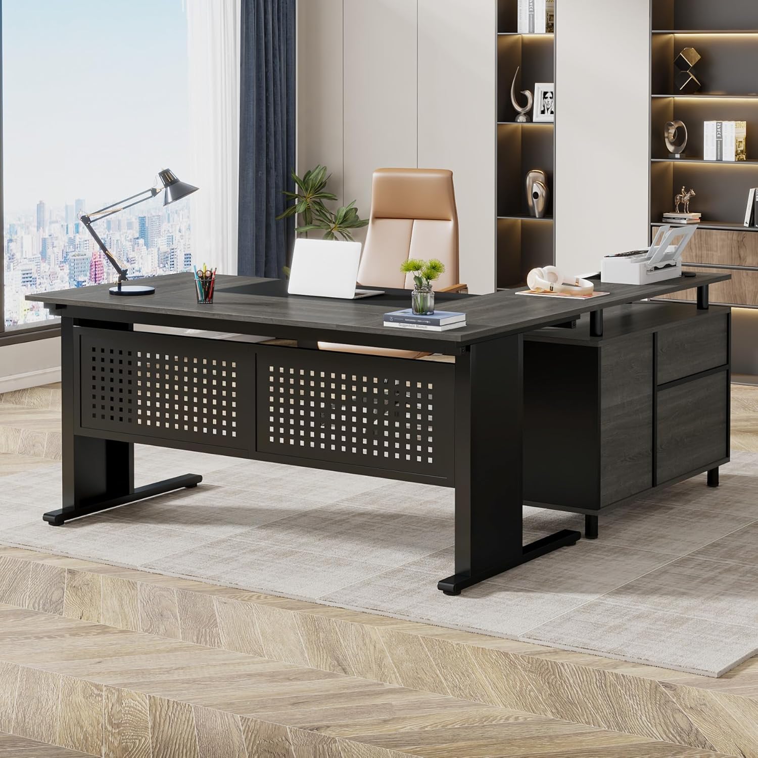 Tribesigns 63 Inch Executive Desk with File Cabinet, L Shaped Office Desk with Drawers and Storage Shelves, Business Furniture Set Workstation for Home Office, Gray and Black
