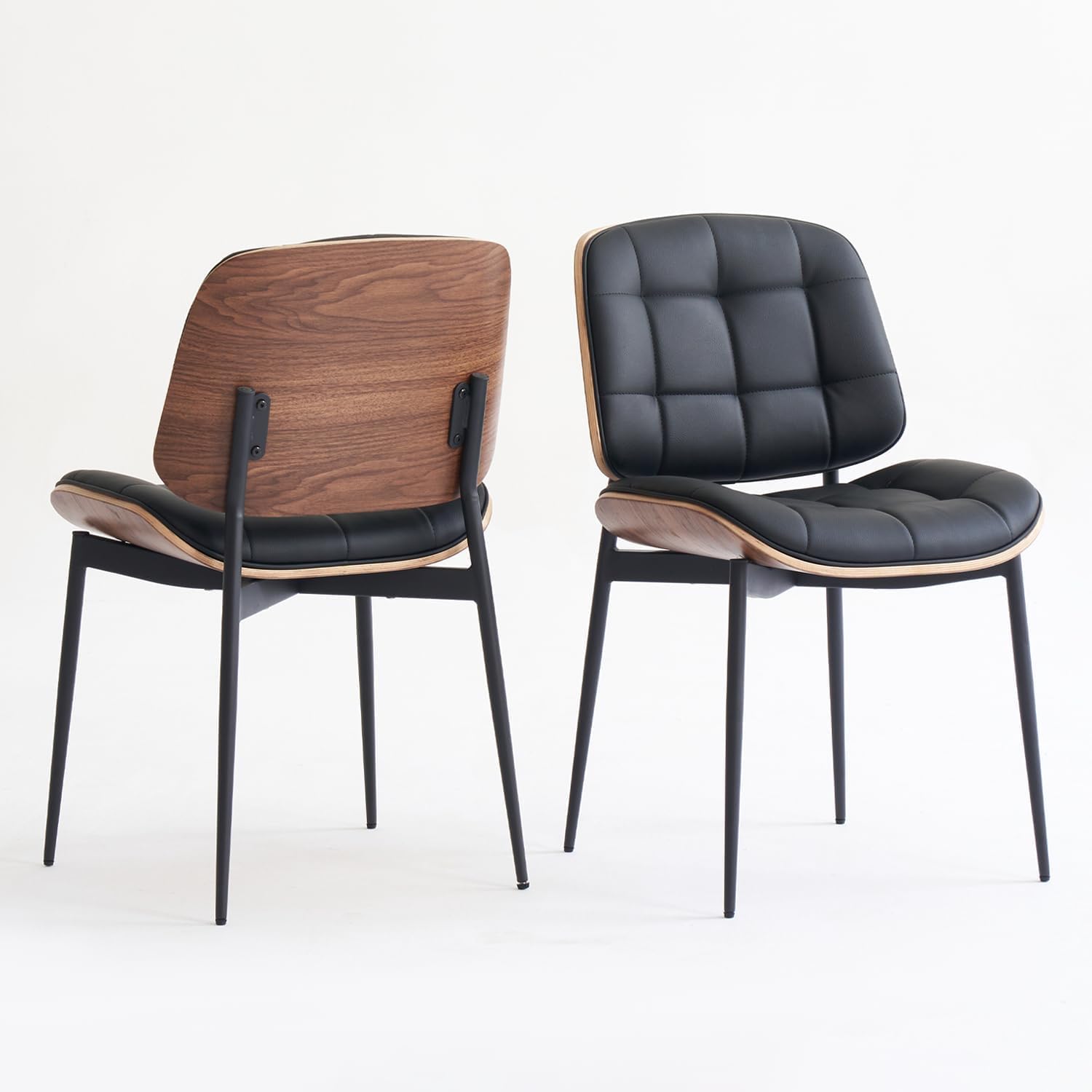 Mid Century Modern Dining Chairs with Walnut Grain Back, Black Faux Leather Dining Room Chairs Set of 2, Checkered Soft Cushion Kitchen Chairs with Adjustable Foot Pads