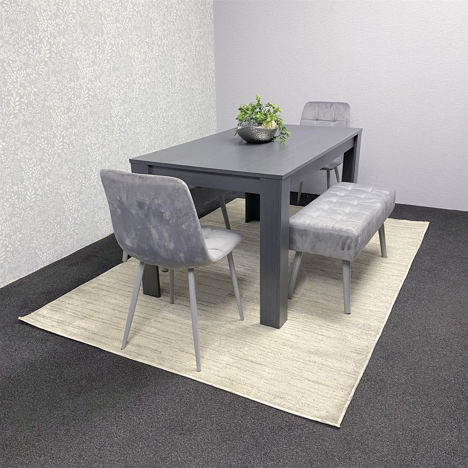 KOSY KOALA Kosy Koala Modern Dark Grey Dining Table Set with 2 Grey Velvet Chairs And 2 Grey Benches