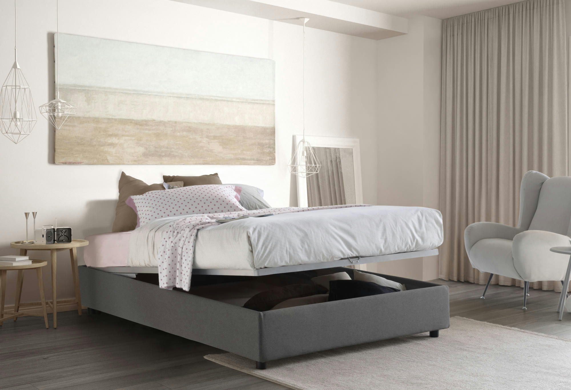 CHLOE - Lit coffre 140x200 cm en tissu gris