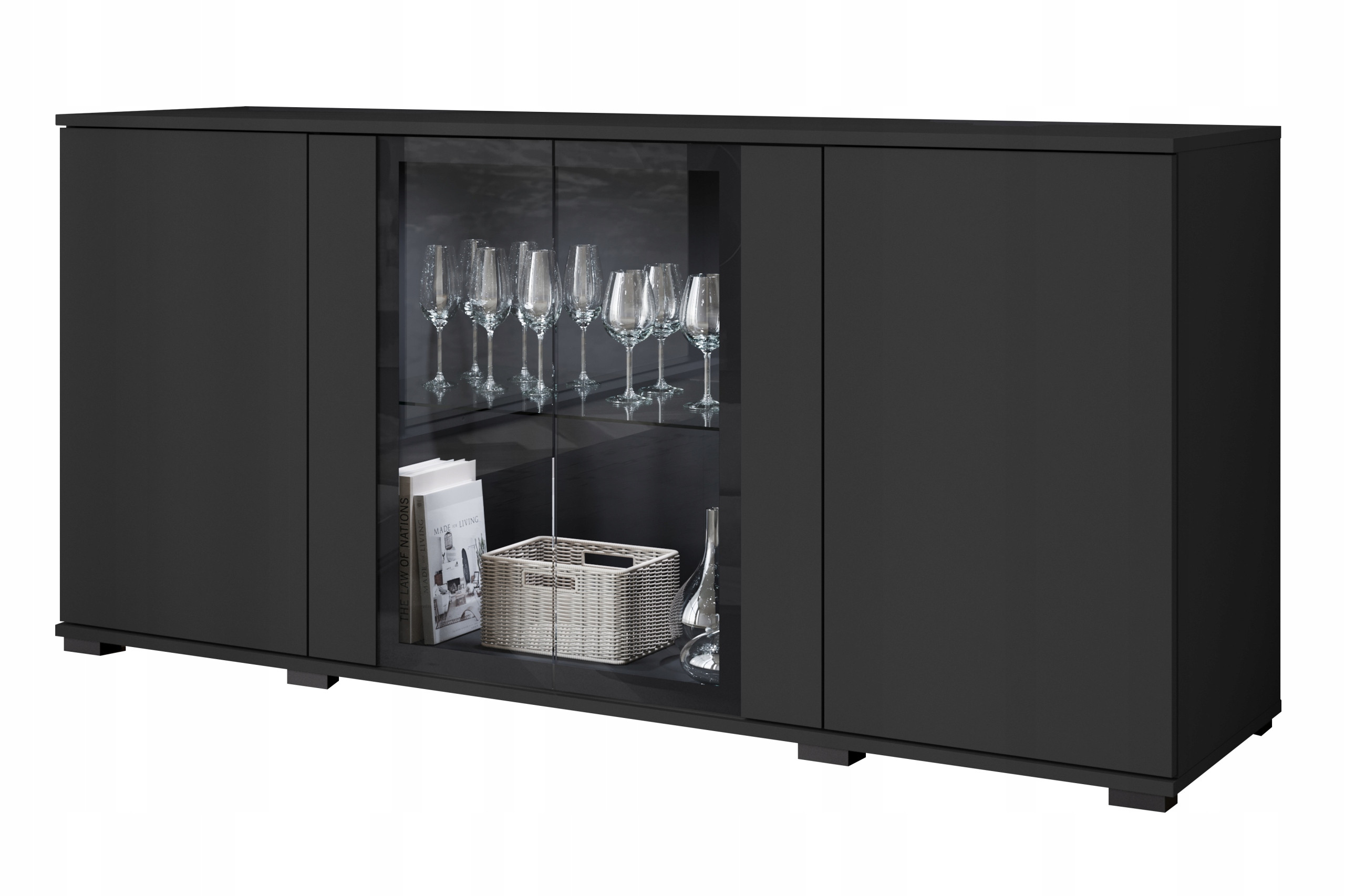 Komoda 150 cm do salonu witryna ze szkłem, szuflady, połki, czarny mat