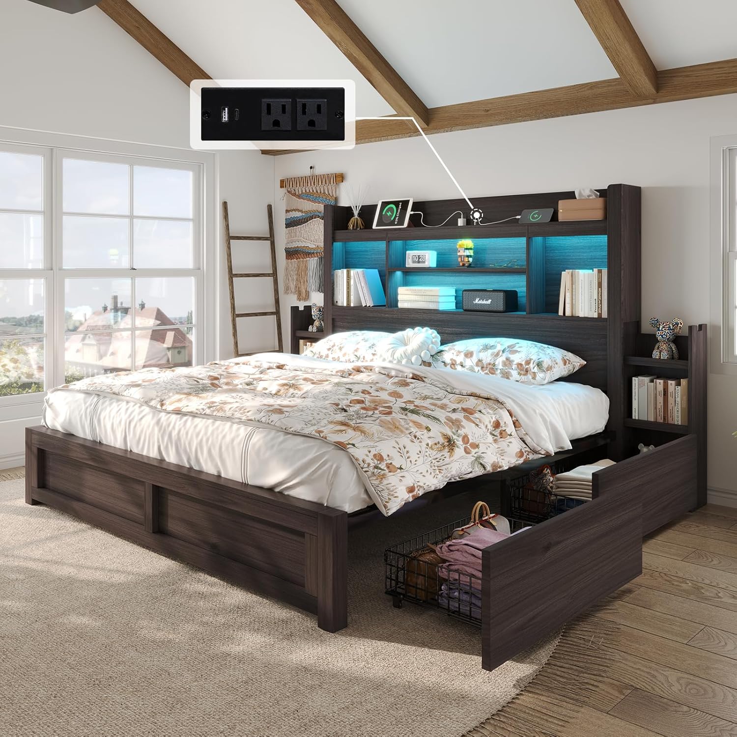 King Bed Frame with 49.6 Bookcase Headboard & 2 Bedside Stoage Racks & 4 Drawers, Farmhouse Wood Bed Frame with RGB LED & Charging Station, No Box Spring Needed, Black