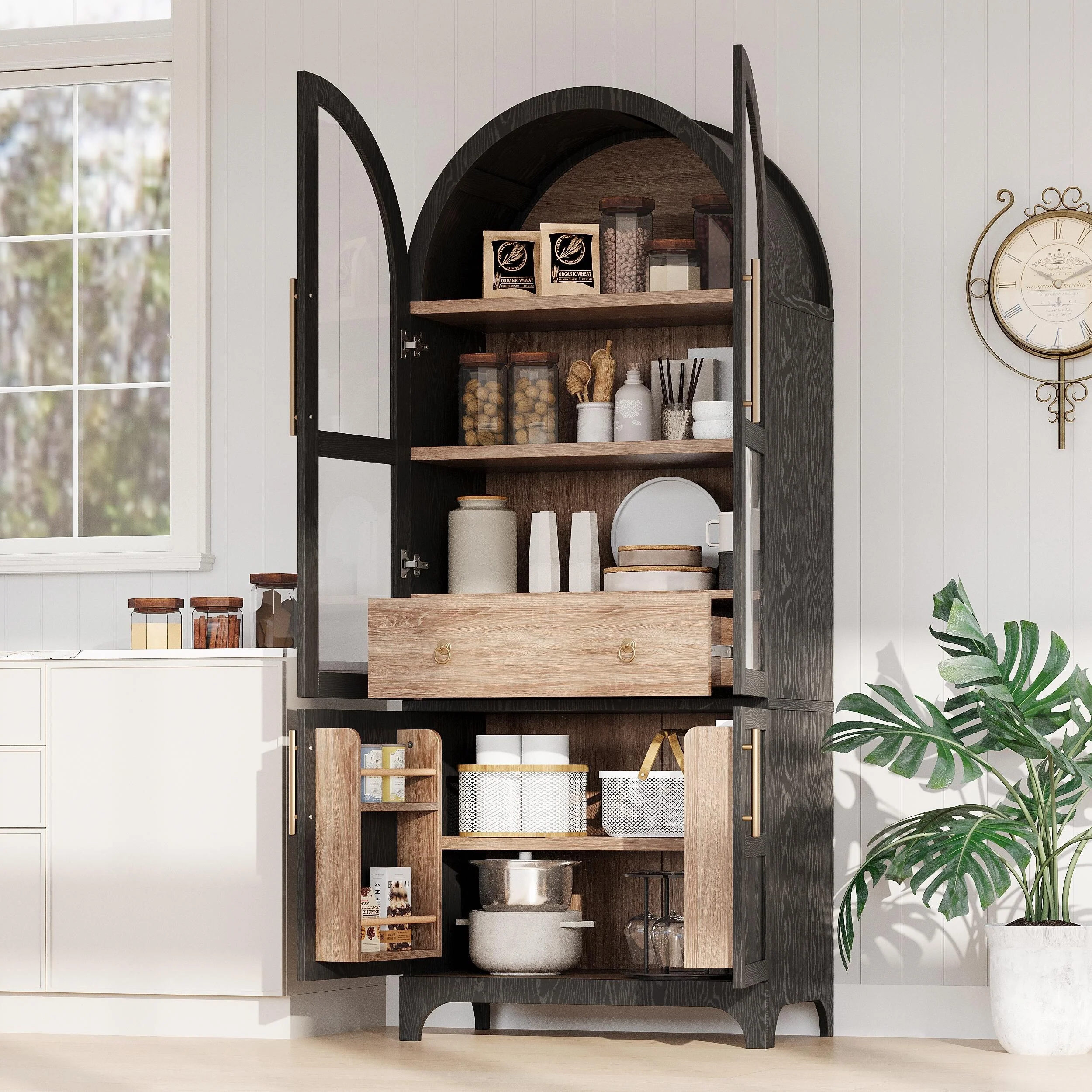 71 Tall Arched Kitchen Pantry Cabinet with Door Shelves