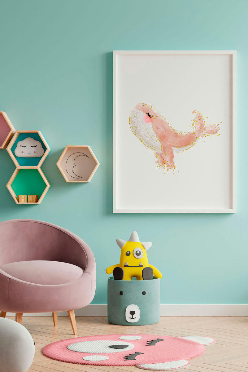 DECOWALL - Impression de baleine rouse encadrée en bois blanc 43X33 cm