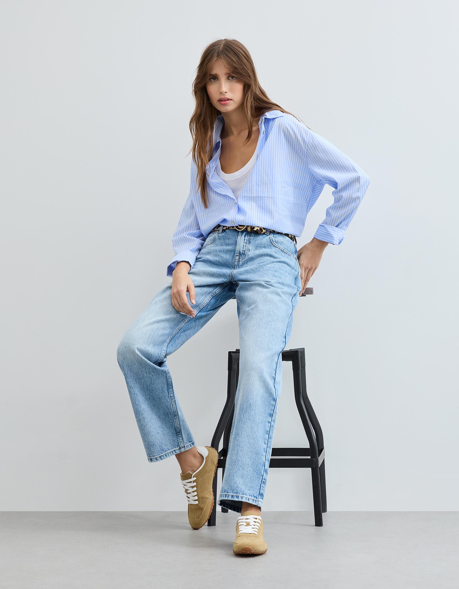 Calças de Ganga 'Straight Fit', Mulher, Azul Claro