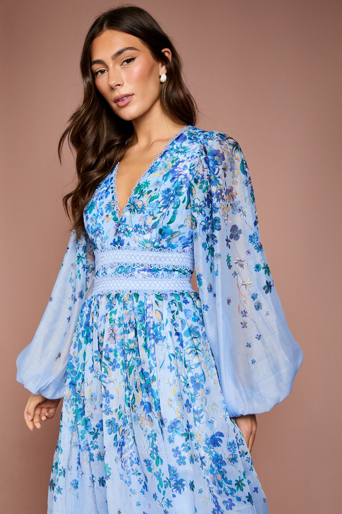 Coast Organza Floral Placement Lace Trim Midaxi Dress