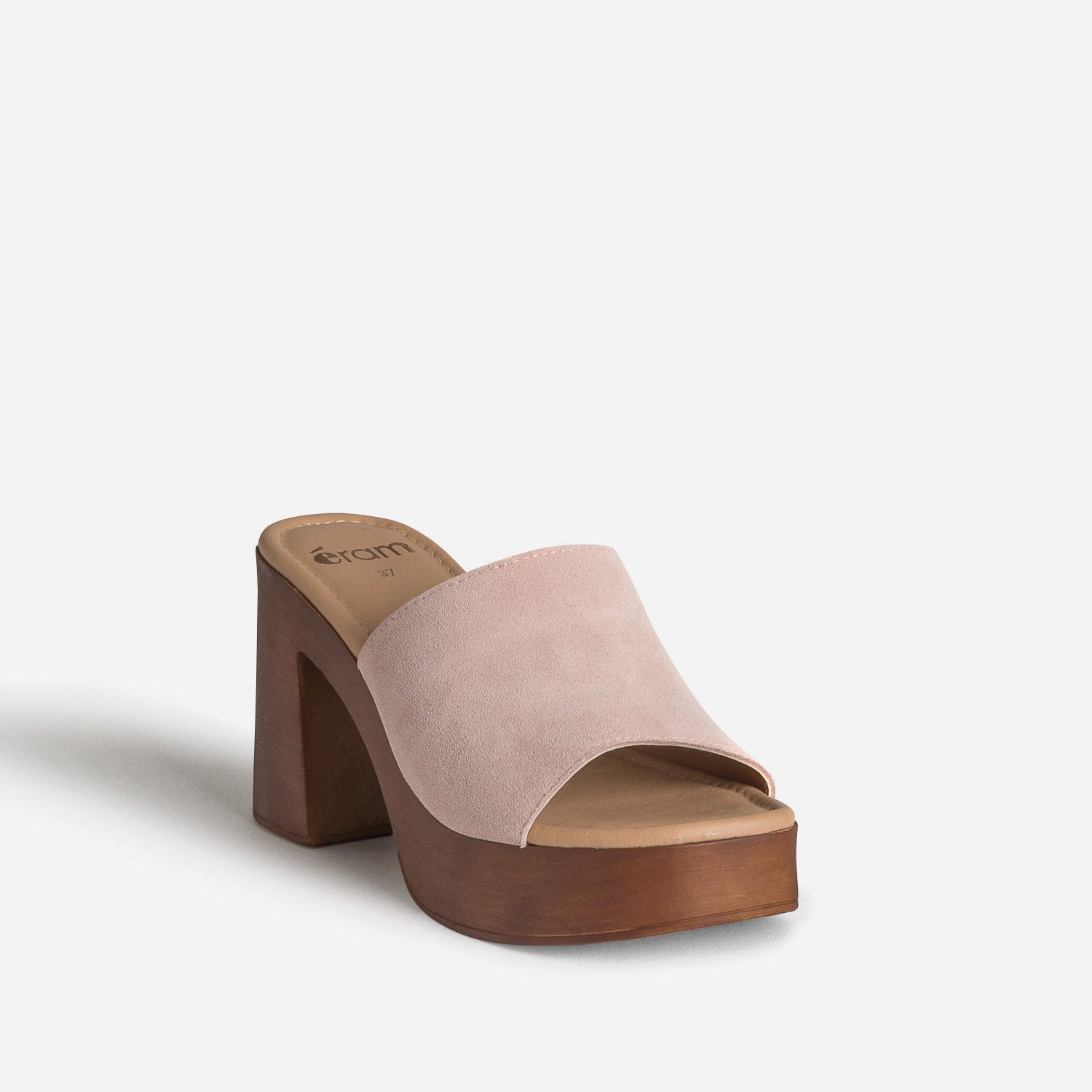 Mule rose cuir velours semelle effet bois