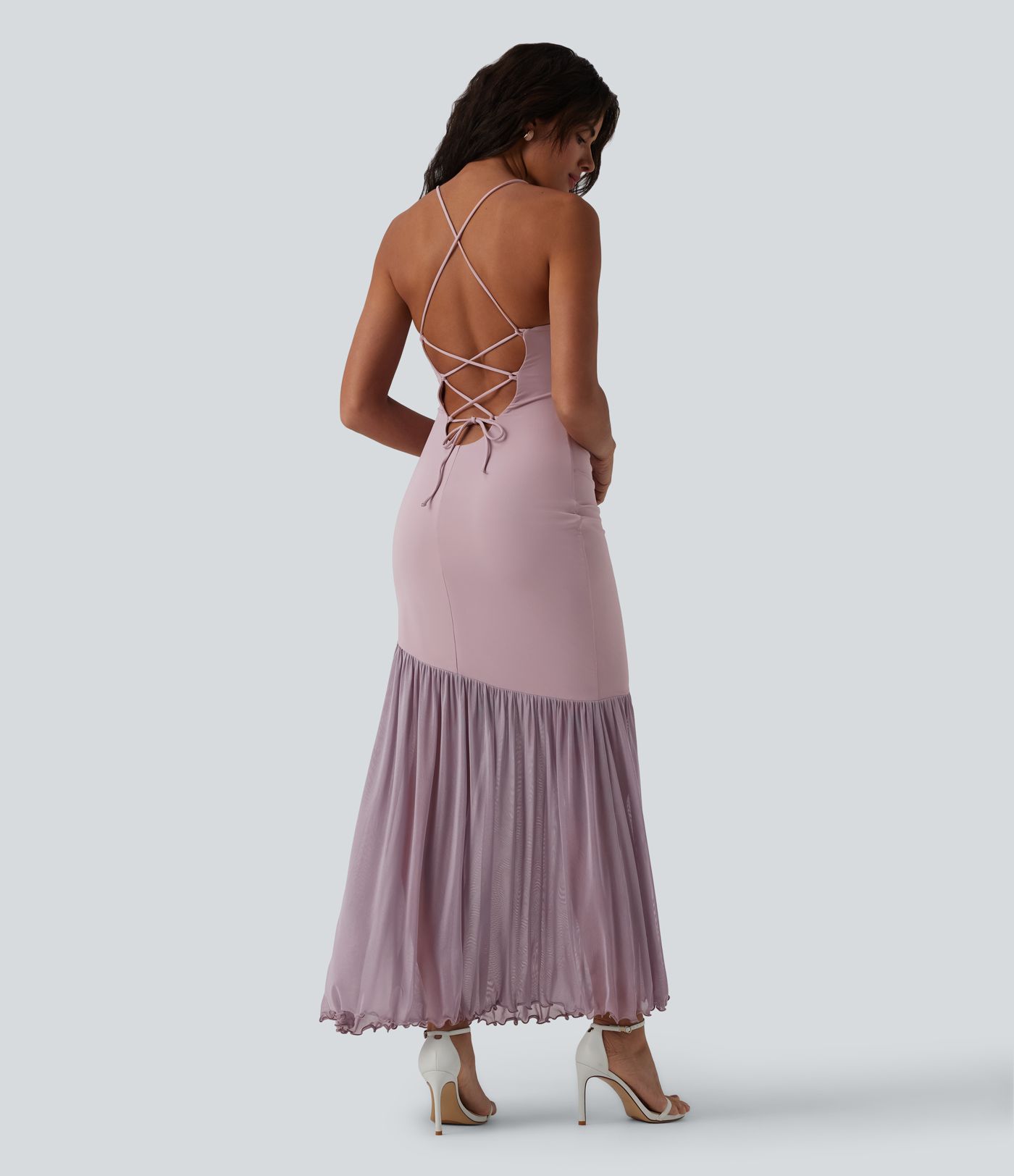 Robe maxi fluide bretelles décolleté cœur à lacer maille contrastante