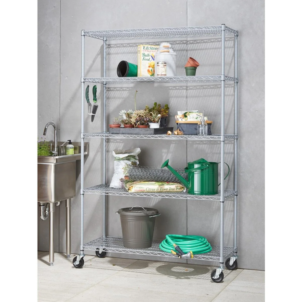 TRINITY 5-Tier 48x18x72 Outdoor Commercial Gray Wire Shelving w/ Wheels, NSF