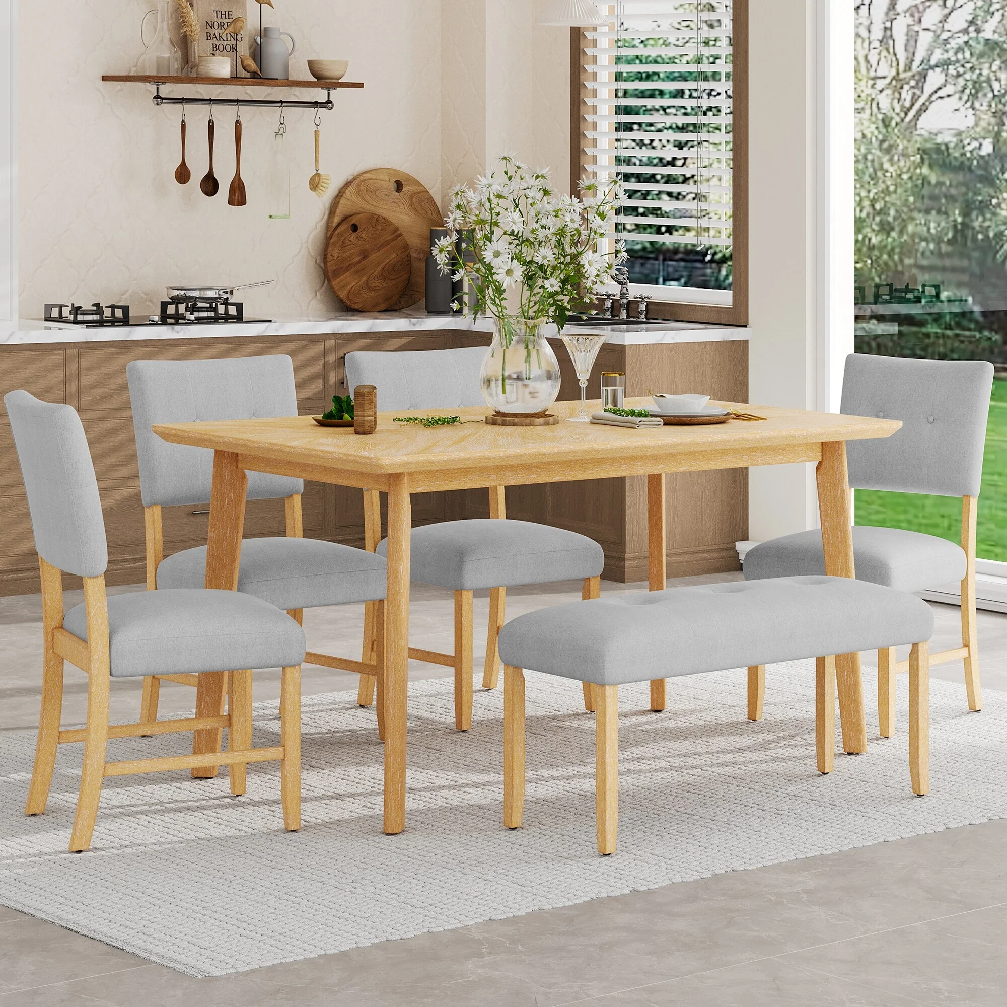 6 Piece Dining Room Table Set, Rustic Farmhouse Dining Room Rectangular Table with 4 Upholstered Chairs and Bench