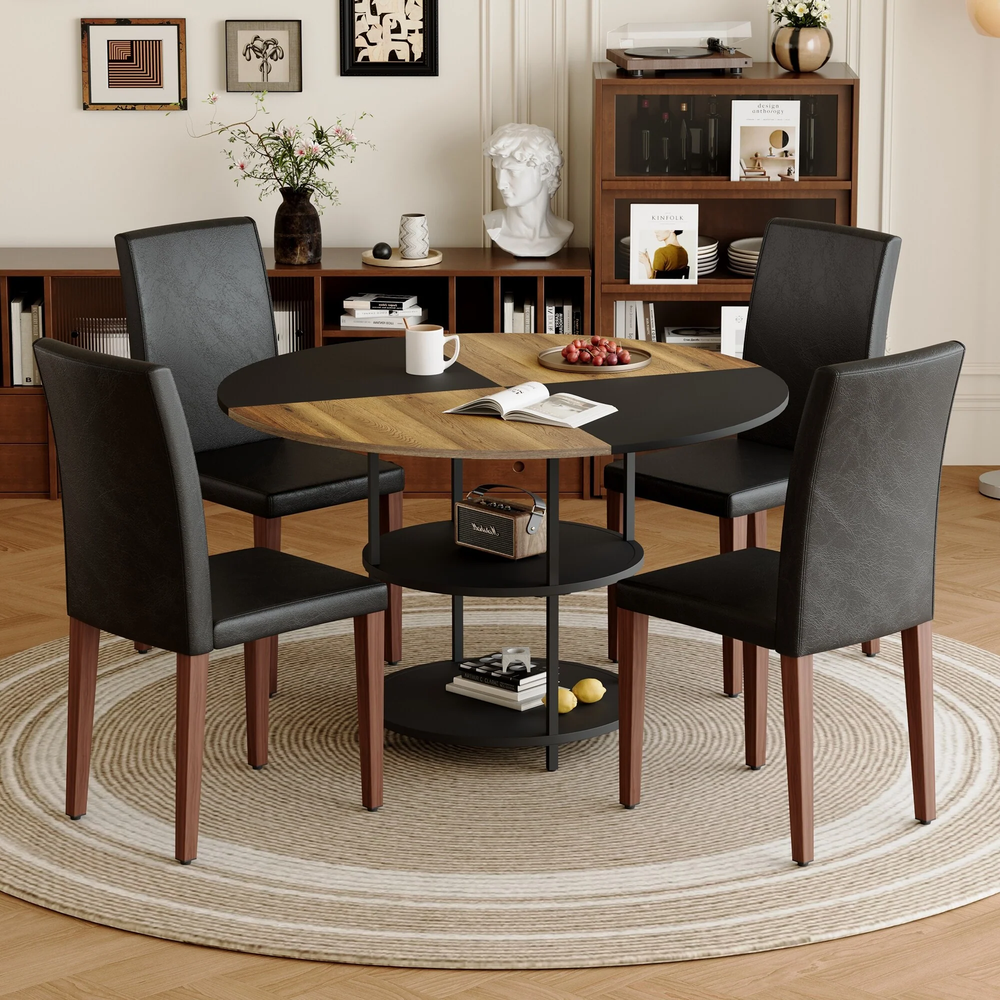 Round Dining Table Set for 4, 5-Piece Kitchen Table Set, 47.5 Storage Living Coffee Table with 4 Upholstered Dining Chairs