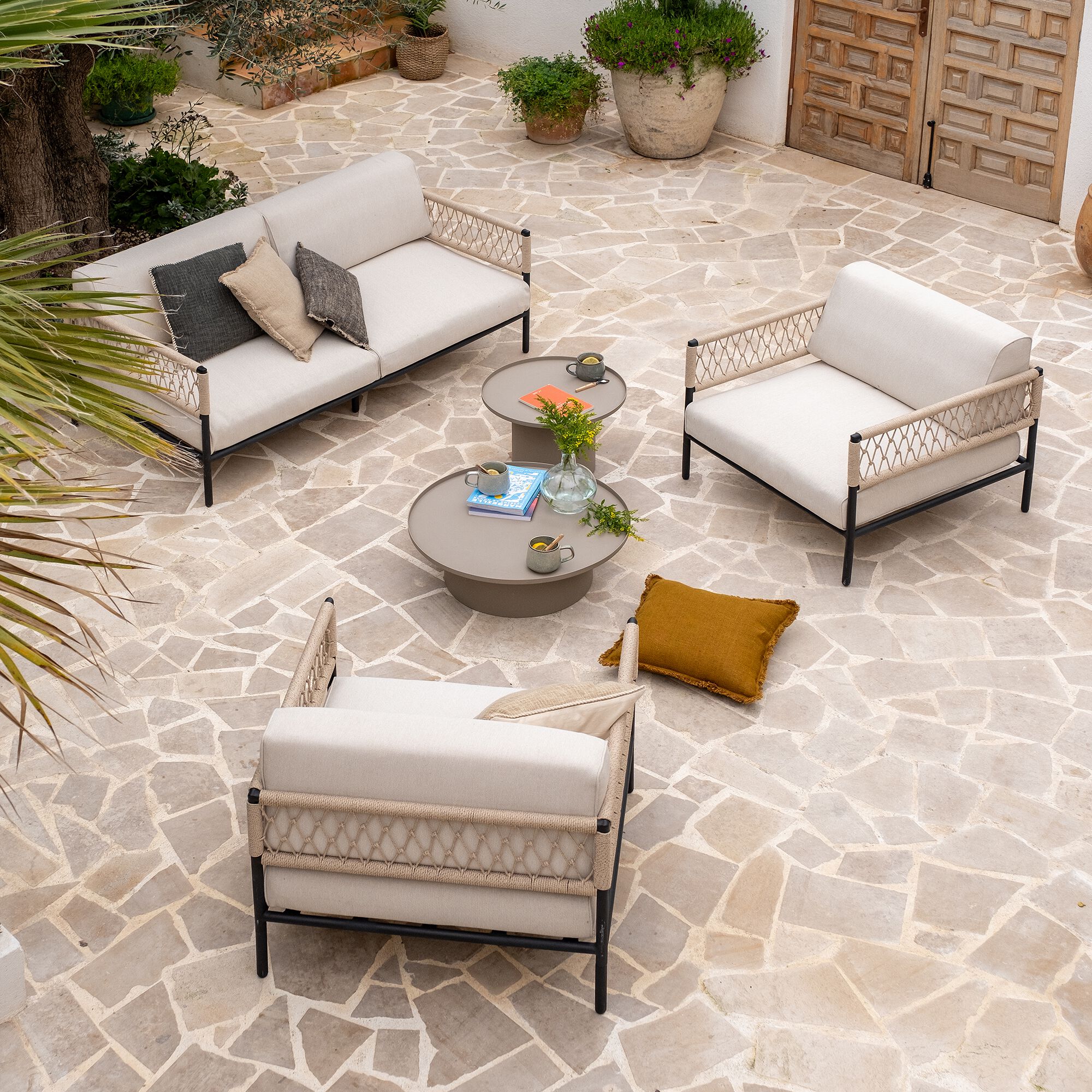 MIMET - Canapé de jardin en acier et corde - beige (2 places)