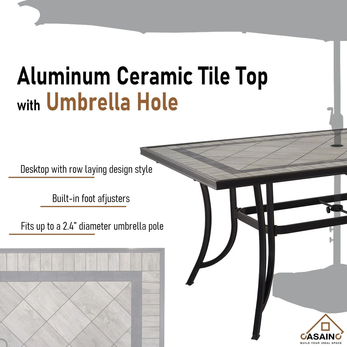 67 inch W*40 inch D Aluminum Ceramic Tile Top Rectangular Dining Table with Umbrella Hole - N/A