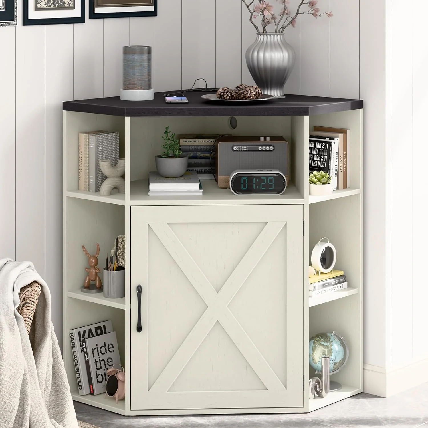 Vabches Corner Cabinet, Corner Storage Shelf with USB Ports and Outlets Industrial Organizer