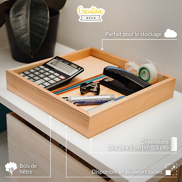 Creative Deco Petite Boîte de Rangement en Bois de Hêtre 28 x 28 x 5 cm - Plateau épices, Petit-Déjeuner - Organisateur Epices