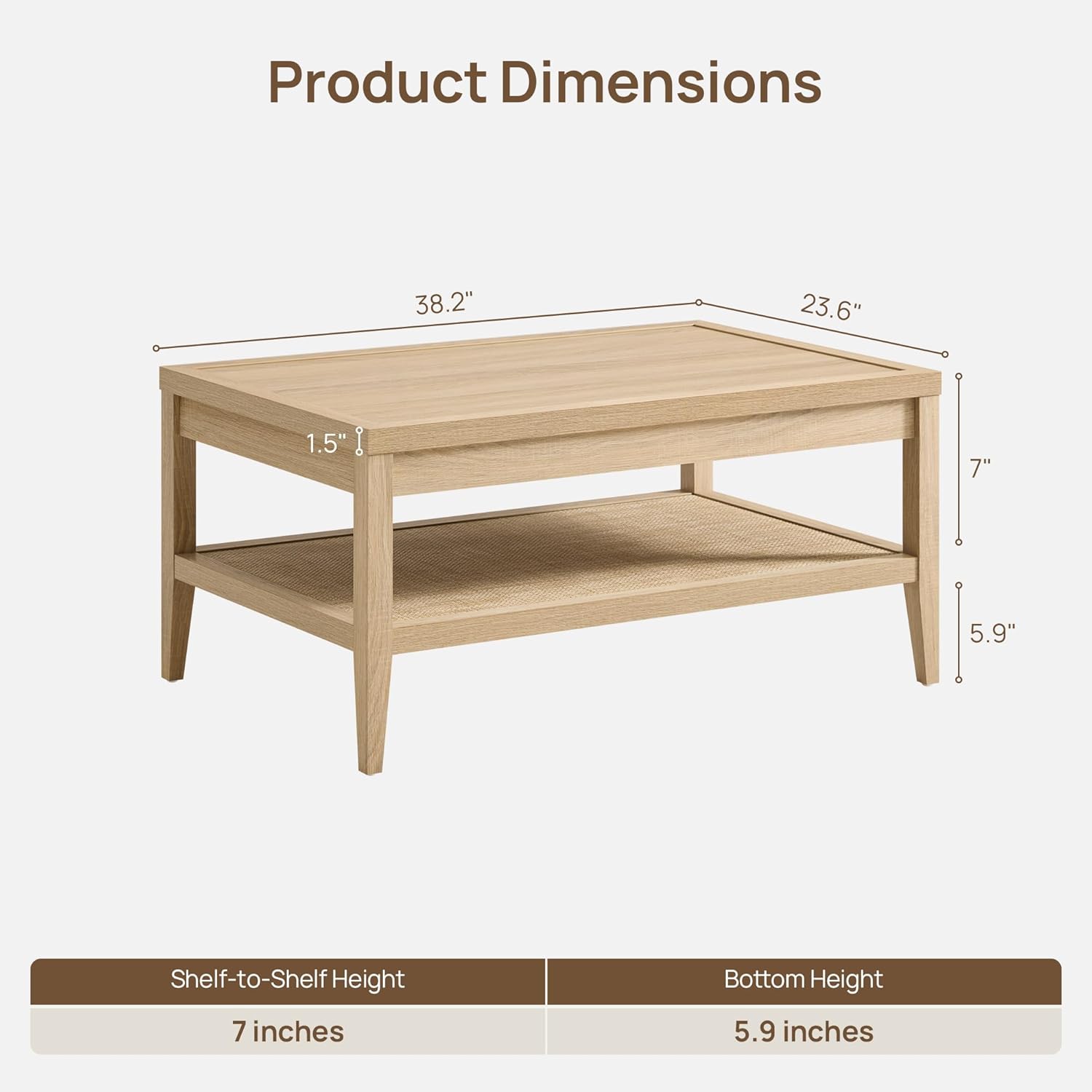 SICOTAS Rattan Coffee Table with Storage, 37.5 Large Rectangular Coffee Table with 2-Tier Shelves, Farmhouse Boho Center Table for Living Room, Office, Small Space