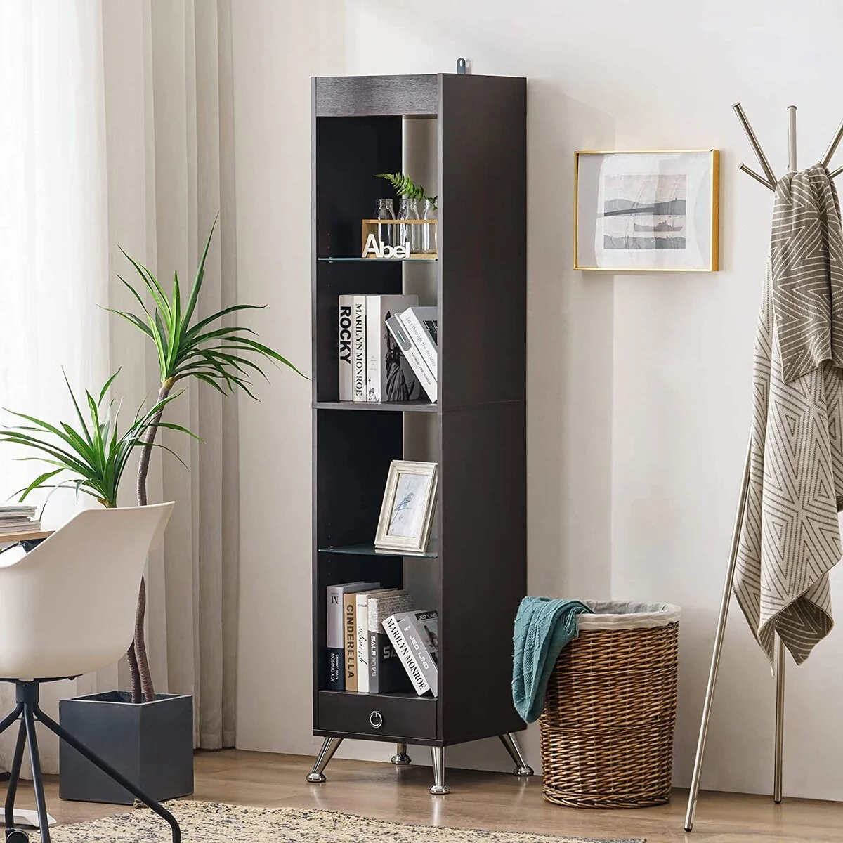 Ivinta Tall Bookshelf for Small Spaces, Narrow Bookcase with Adjustable Glass Display Shelf