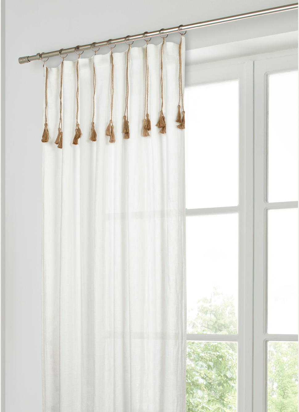 RIDEAU DOUBLE GAZE DE COTON GAUFRÉ AVEC POMPONS BLANC