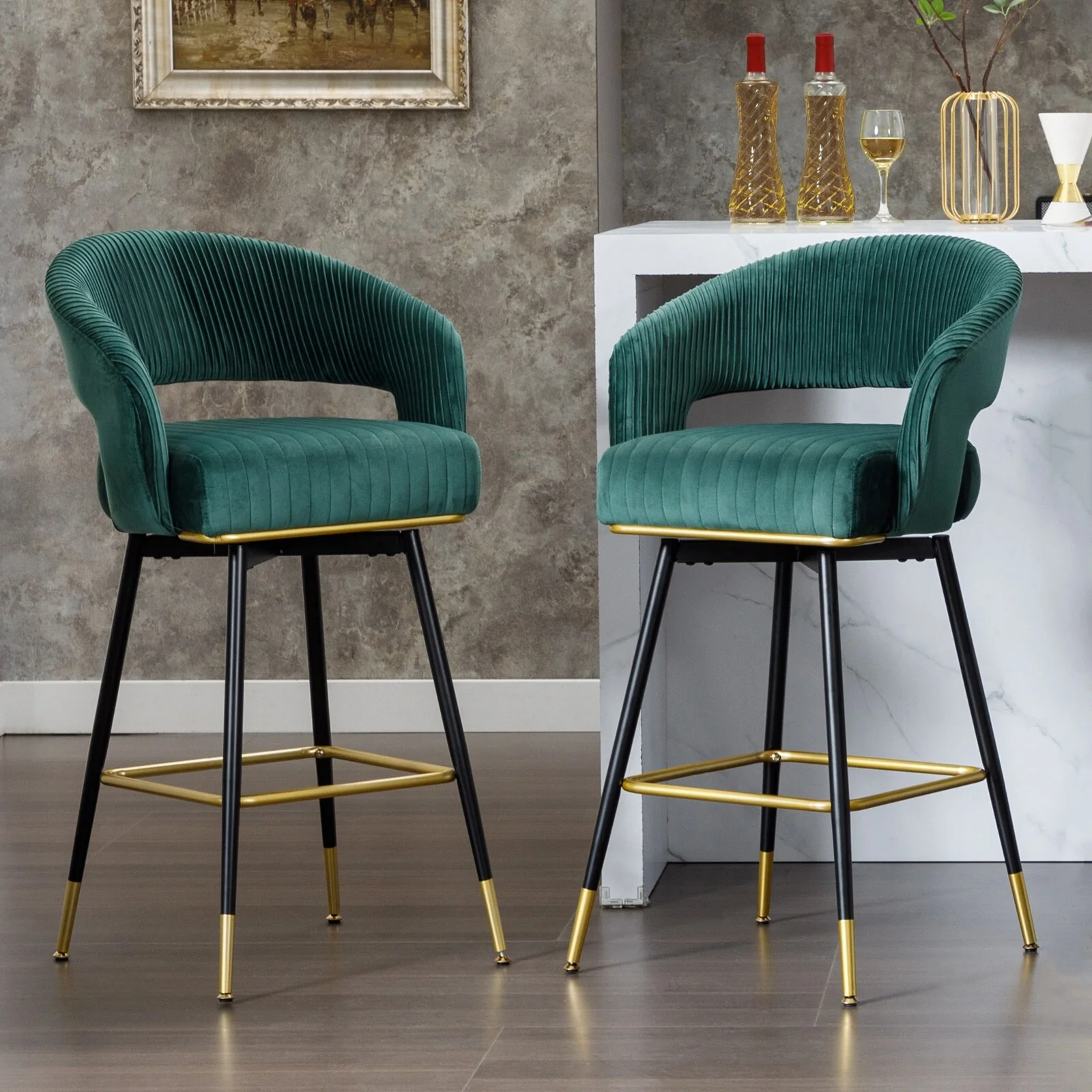 Hausfame Velvet Upholstered Set of 2 Swivel Barstool With Backs - 22.2 in. W X 21.5 in. D X 40 in. H