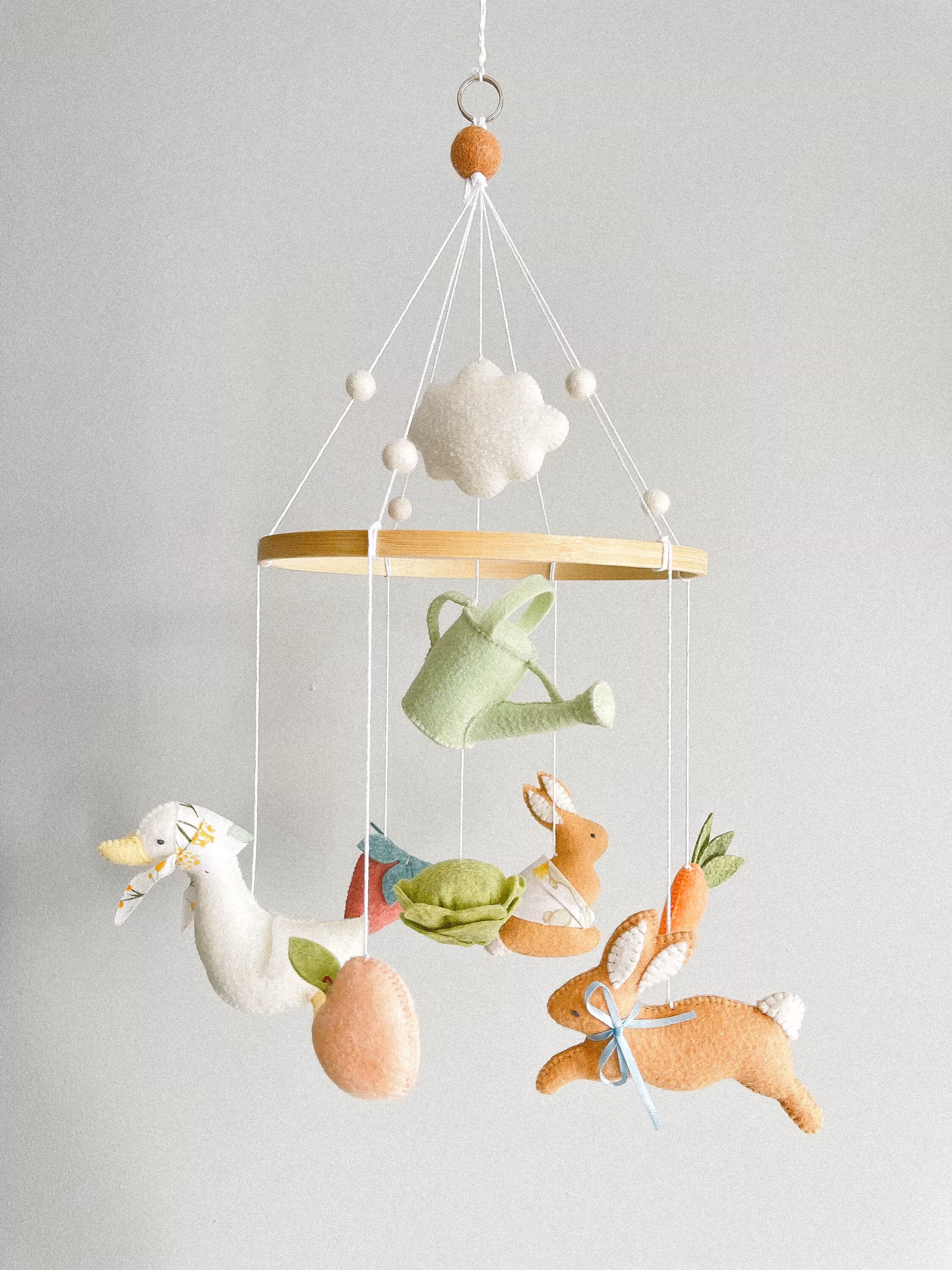 Handmade Wool Felt Garden Crib Mobile, Rabbit Nursery Decor