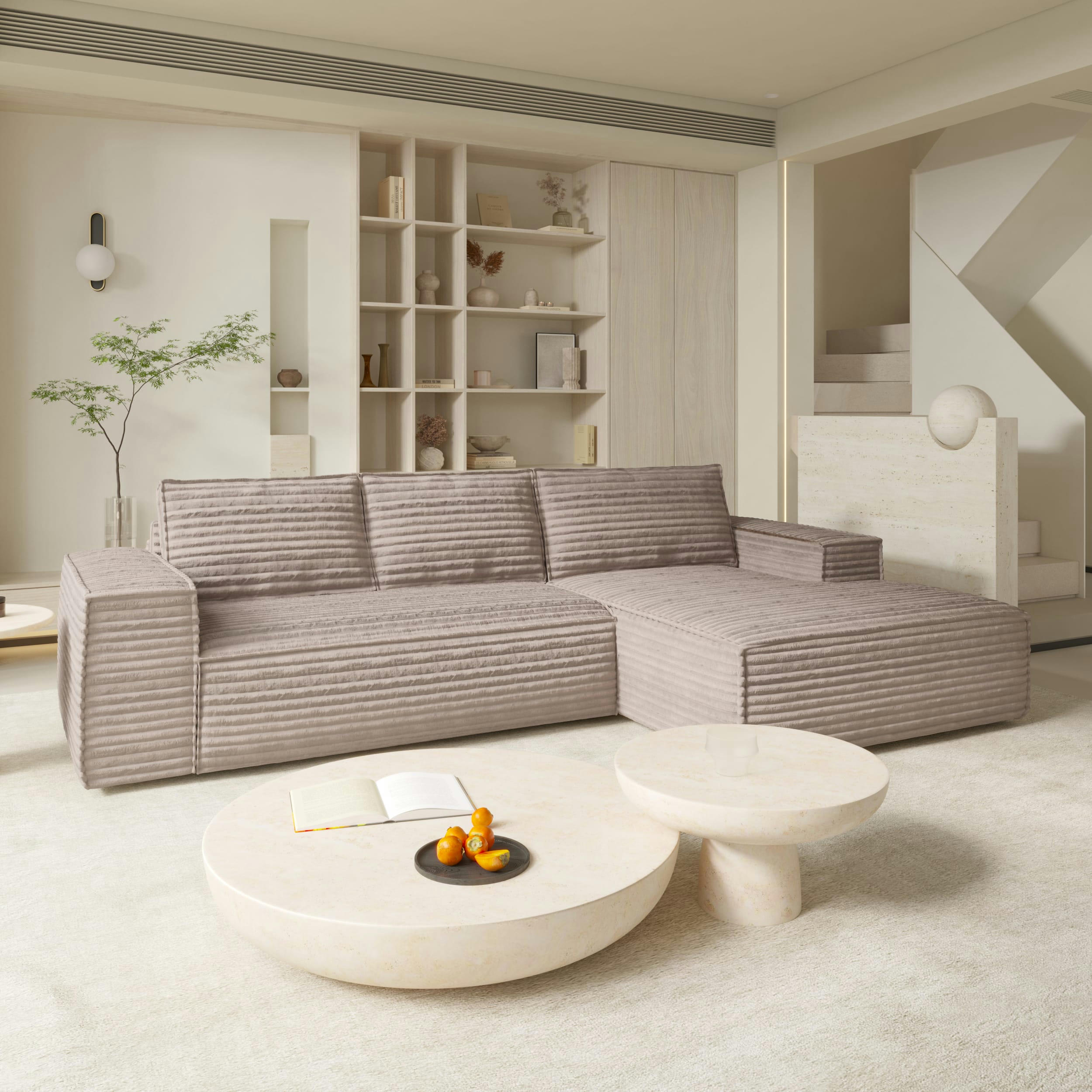 JOAN - Canapé convertible angle droit velours côtelé XXL taupe 140cm