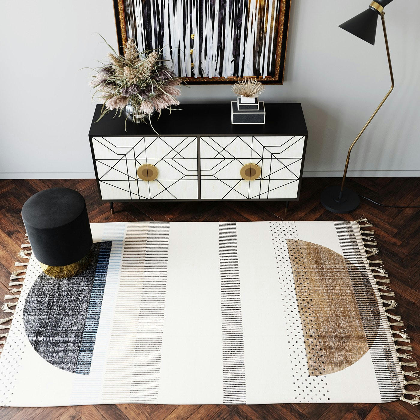 CREDENZA - Buffet 4 portes noir et beige