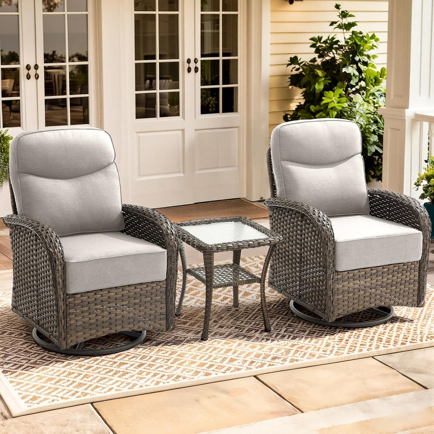Luxury Outdoor Swivel Rocker Patio Chairs of 2 with Side End Table - 3 Piece Set with 6-Inch Smile Cushions High Back Brown Wicker Rattan Gliders Furniture for Porch Balcony Deck - Beige
