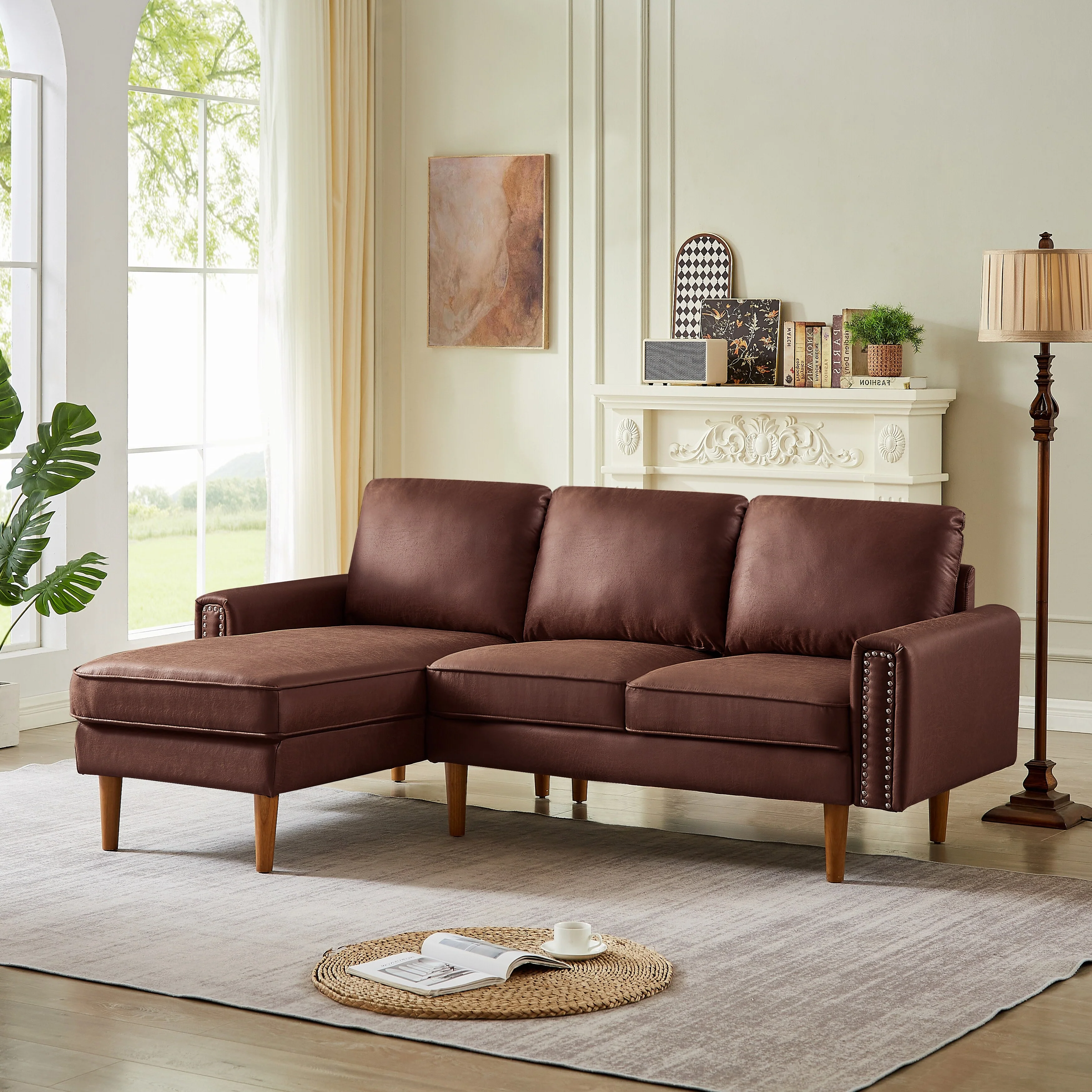 Brown 82.2'' Suede L-Shaped Sofa: Left Chaise, Solid Wood Frame, and Copper Nailhead Trim
