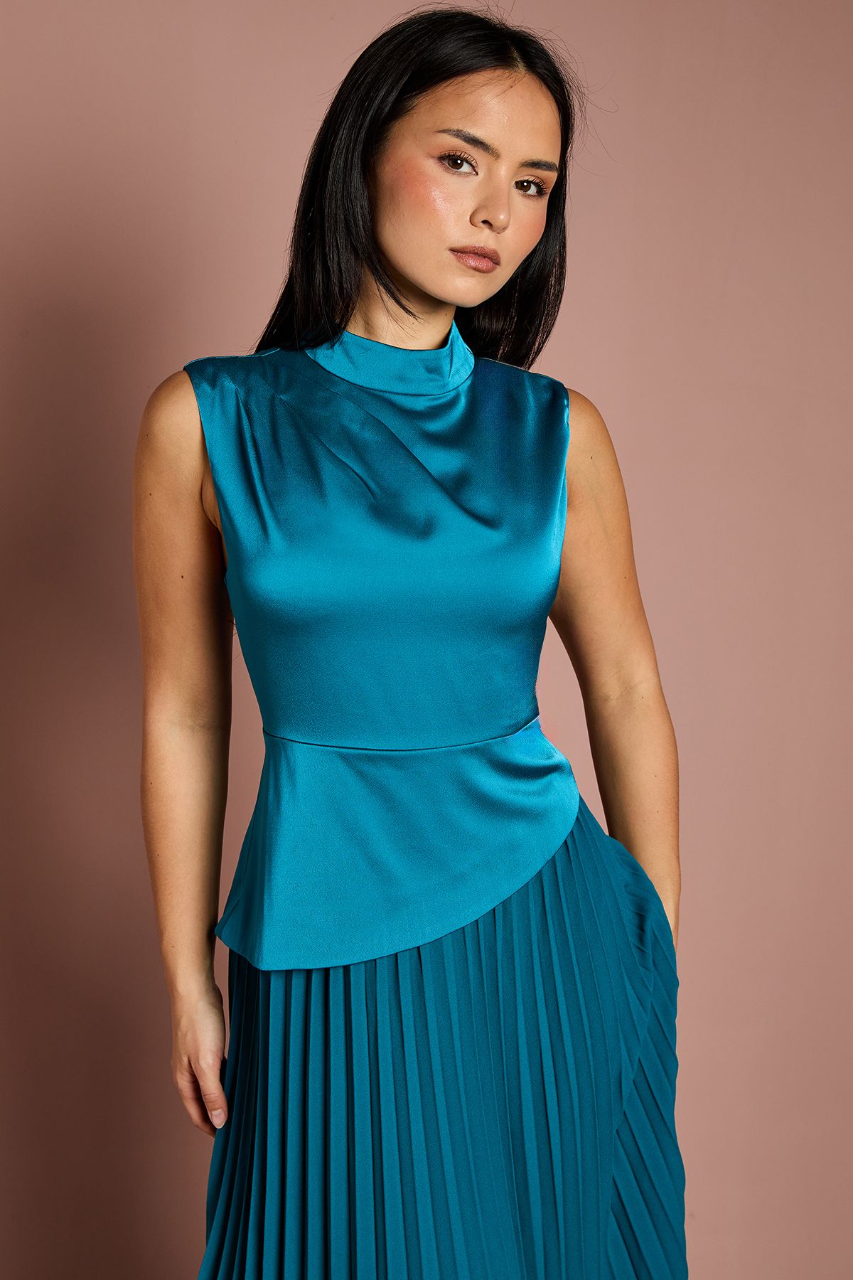 Coast Petite Drape High Neck Pleated Skirt Midi Dress