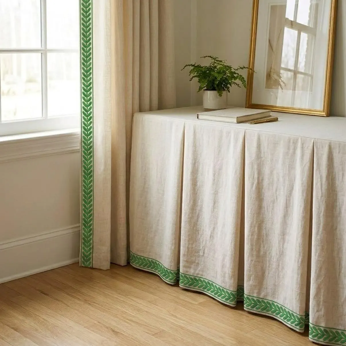 Natural Linen Fabric Tape Trim Cabinet Skirt | Pleated Storage Cabinet Skirt | Decorative Furniture Skirt