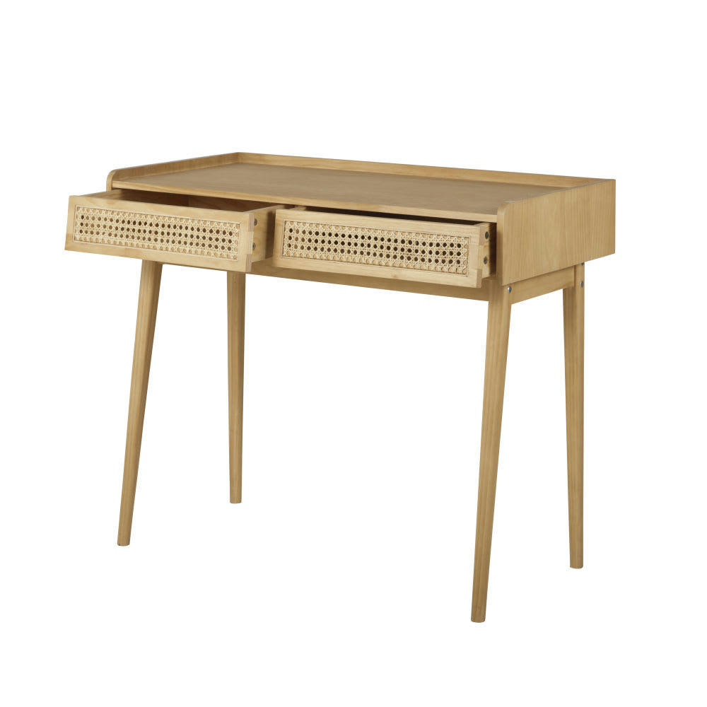 Suzelle - Bureau vintage 2 tiroirs en pin et cannage en rotin