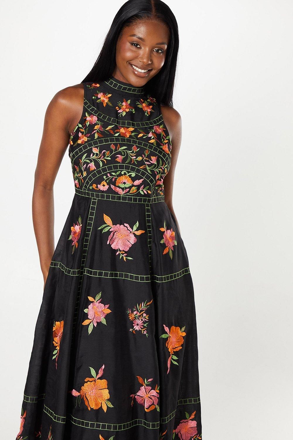 Coast Premium Embroidered High Neck Midi Wedding Guest Dress